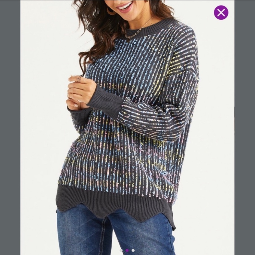 Suzanne Betro Grey and Pastel Threads Oversized Crewneck Sweater
